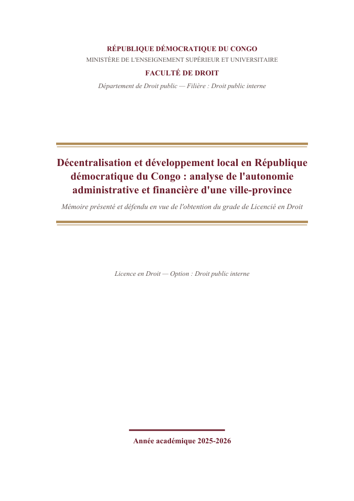 Décentralisation et développement local en RDC : analyse de l'autonomie administrative et financière d'une ville-province