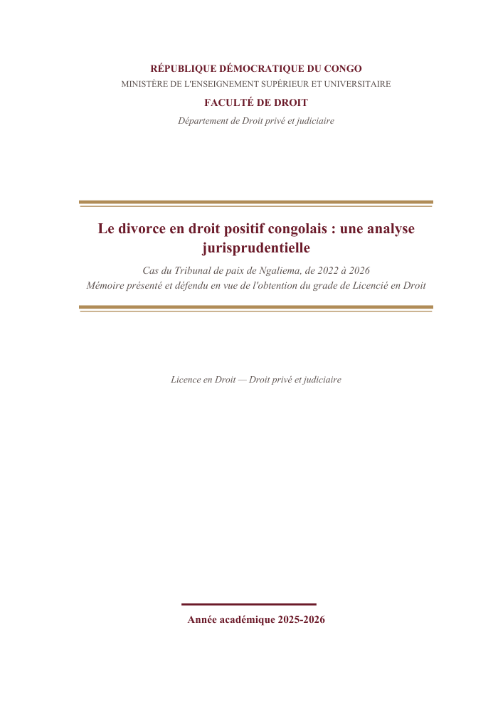 Le divorce en droit positif congolais : une analyse jurisprudentielle