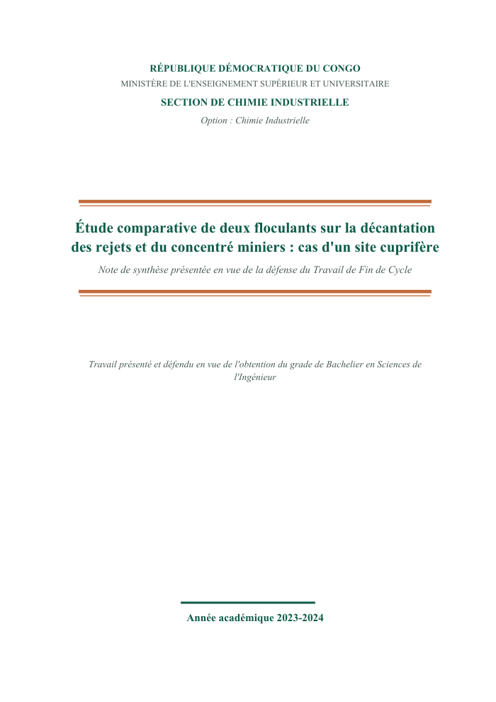 Étude comparative de deux floculants sur la décantation des rejets et du concentré miniers : site cuprifère