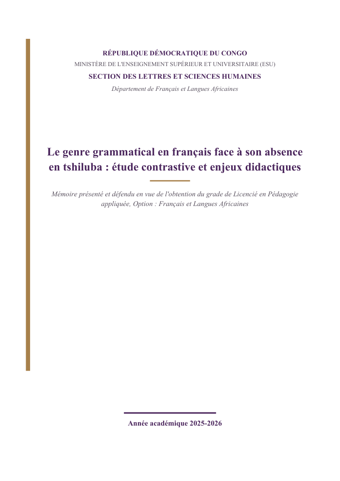 Le genre grammatical en français face à son absence en tshiluba : étude contrastive et enjeux didactiques