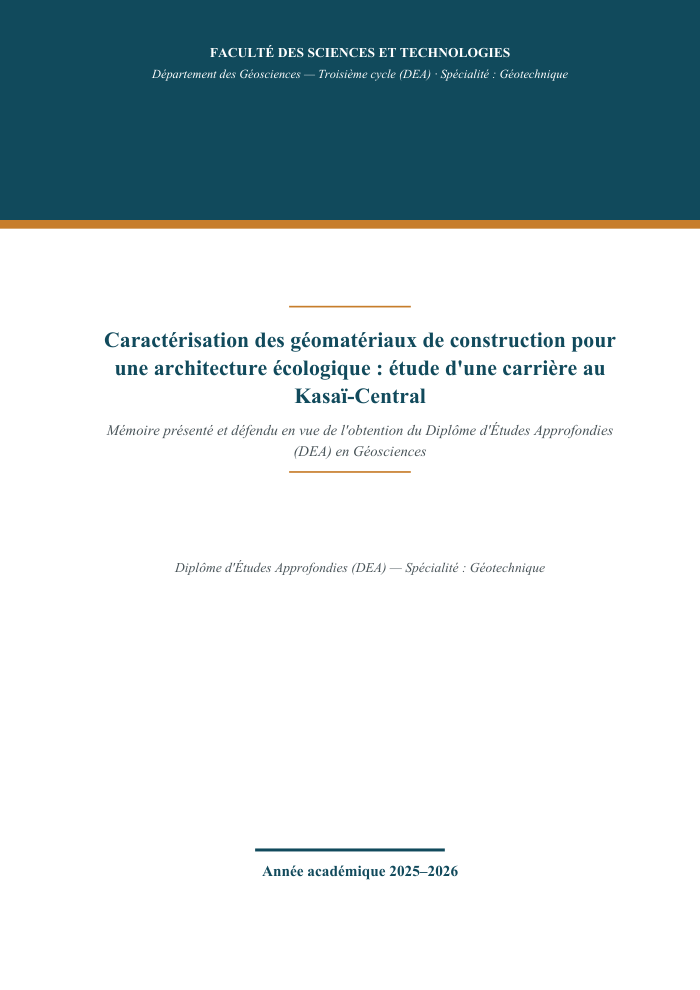 Caractérisation des géomatériaux de construction pour une architecture écologique : étude d'une carrière au Kasaï-Central