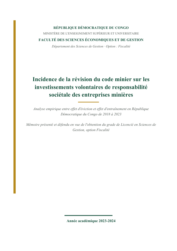 Incidence de la révision du code minier sur les investissements volontaires de responsabilité sociétale des entreprises minières