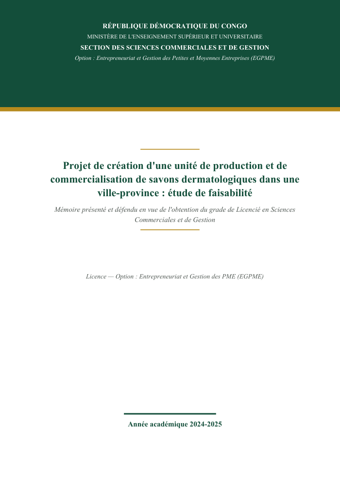 Projet de création d'une unité de production et de commercialisation de savons dermatologiques : étude de faisabilité