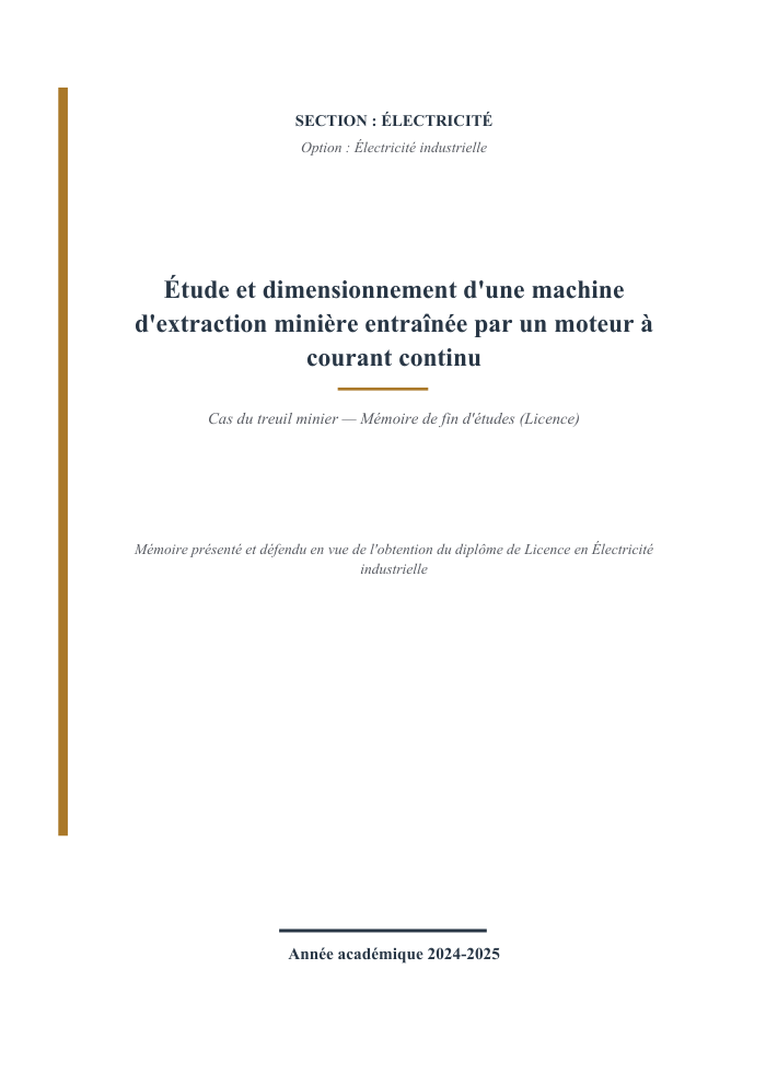 Étude et dimensionnement d'une machine d'extraction minière entraînée par un moteur à courant continu