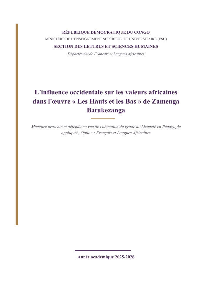 L'influence occidentale sur les valeurs africaines dans l'œuvre « Les Hauts et les Bas » de Zamenga Batukezanga